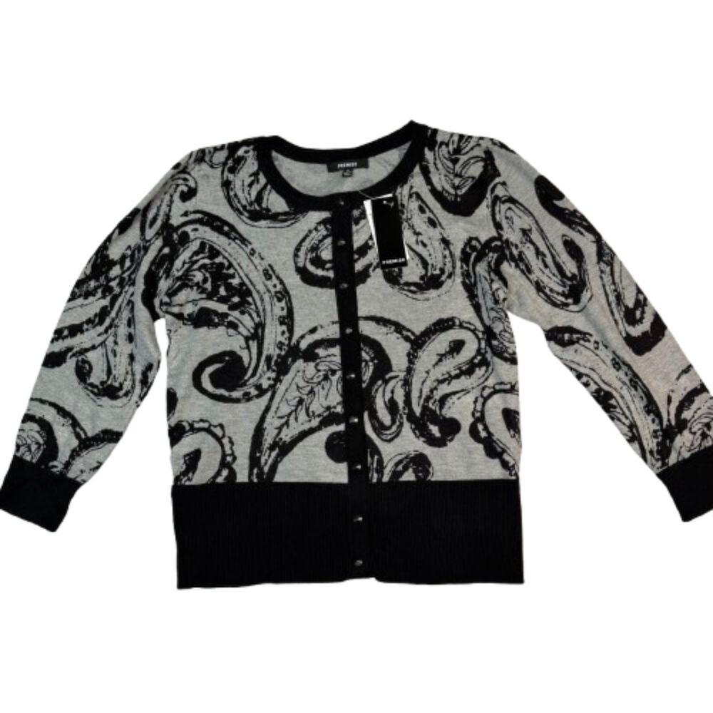 Premise Paisley Print Cardigan Gray Black Studded Button 3/4 Sleeves Size M NWT
